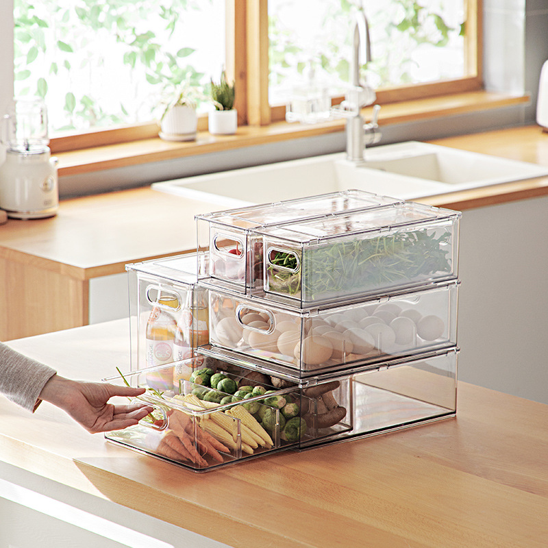 Clear Refrigerator Storage Organizer Bins with Pull-Out Drawer