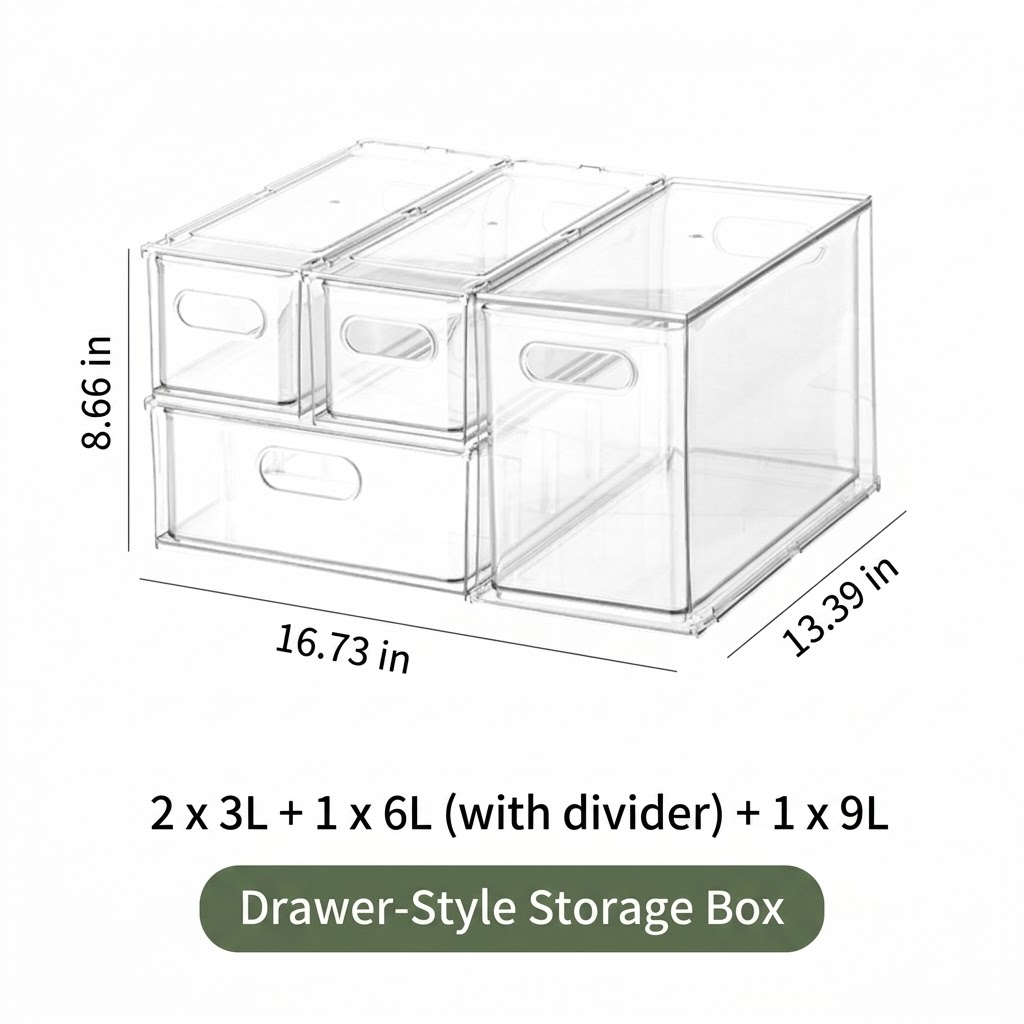Clear Refrigerator Storage Organizer Bins with Pull-Out Drawer