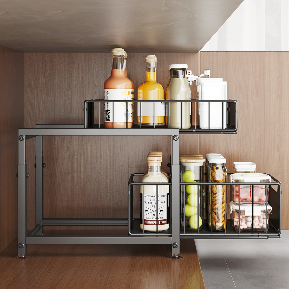 2-Tier Under Sink Cabinet Organizer & Pull-Out Storage Basket Racks